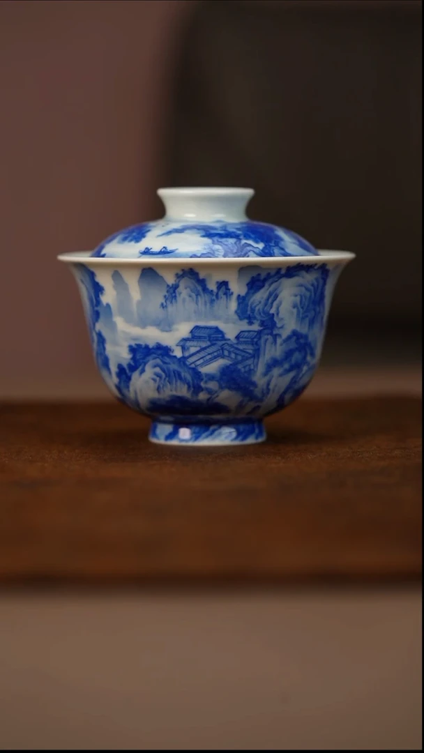 瓷半山晓野溪山行旅图盖碗