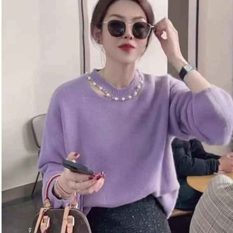 超好看镂空打底毛衣针织衫女款春秋2025新款洋气宽松钉珠显瘦上衣