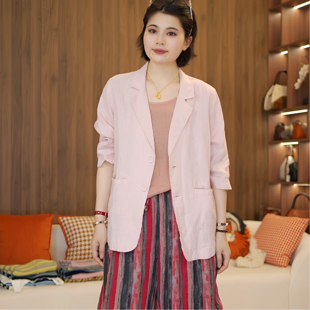 100%亚麻薄款通勤常规款夏季纯色女短外套复古西服百搭宽松外套