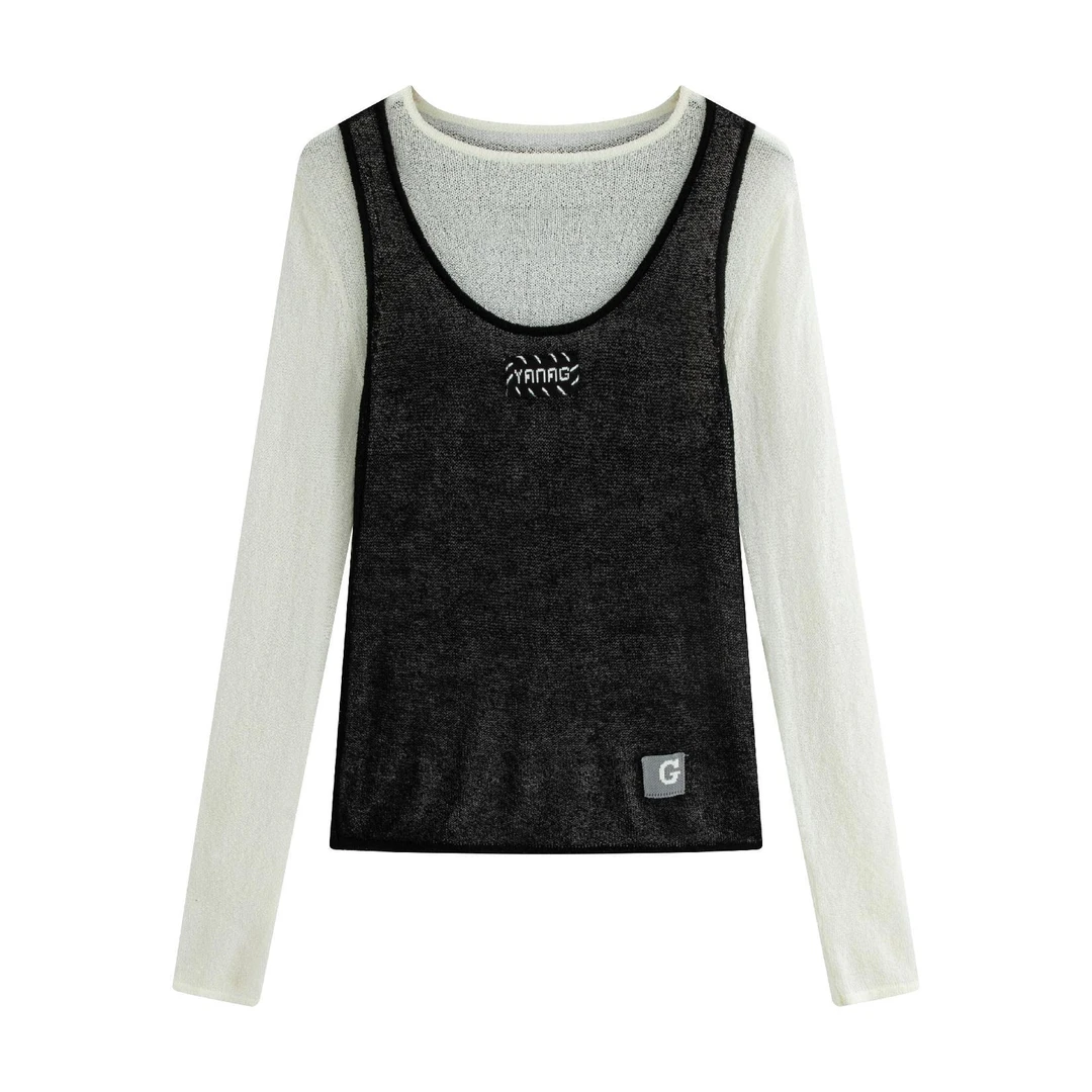 YANAG设计师品牌 真两件LOGO撞色背心长袖T DSC买手店 BY5Y12024