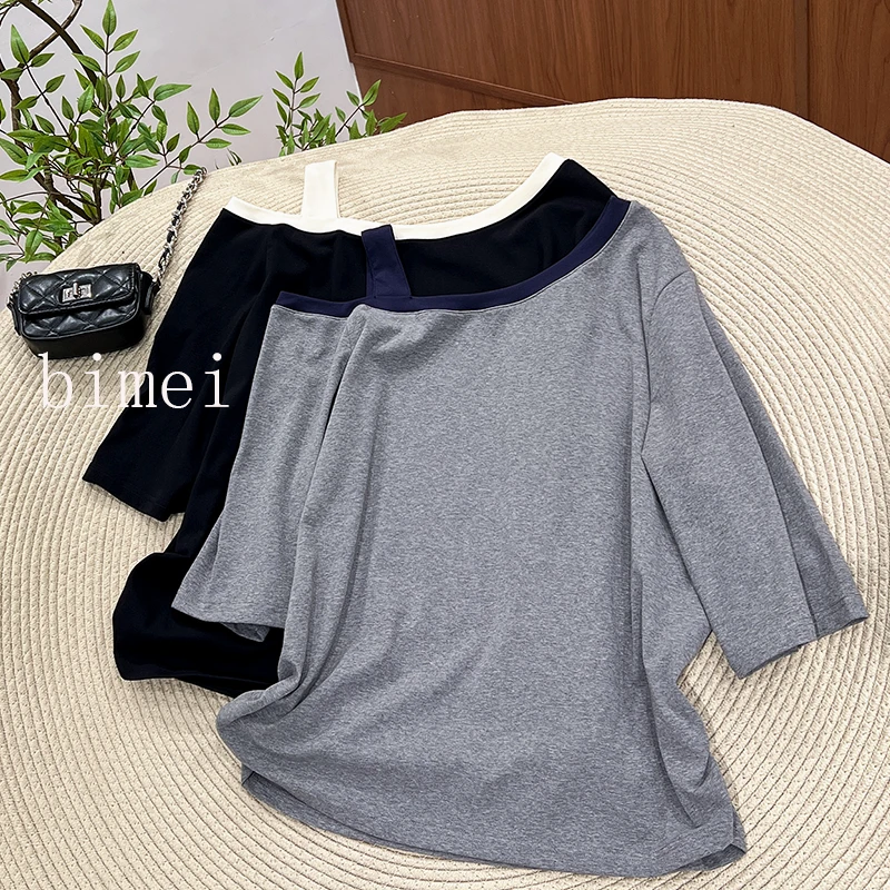 必魅-2025初秋新款韩系露肩中袖T恤显瘦减龄弹力上衣百搭58676