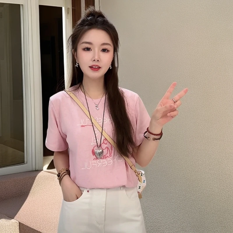 宿慕SUMU夏季刺绣短袖圆领T恤2025新款舒适百搭重工串珠洋气衣服
