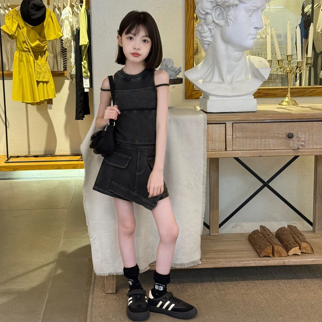 女童夏季水洗背心不规则牛仔裙裤套装2025新款中大童时尚牛仔裤潮