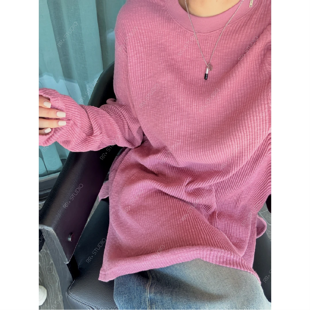 23278韩版百搭坑条侧开衩长袖T恤女秋冬休闲宽松圆领上衣