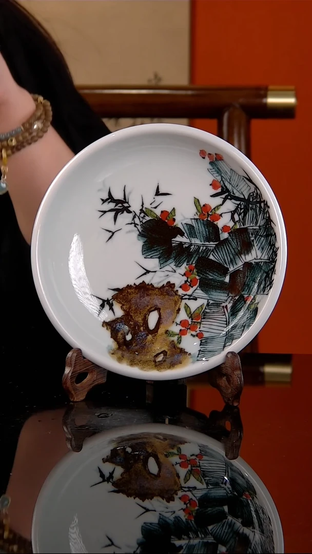 李华手绘釉中五彩竹石芭蕉壶承