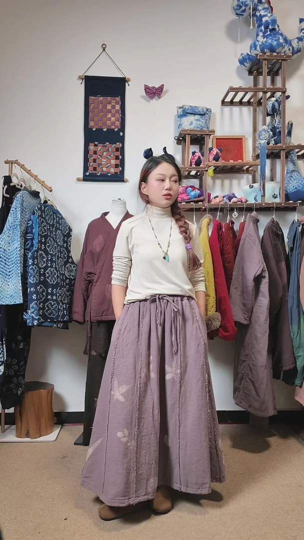 植物热印版麻料半裙夹棉版灰紫色