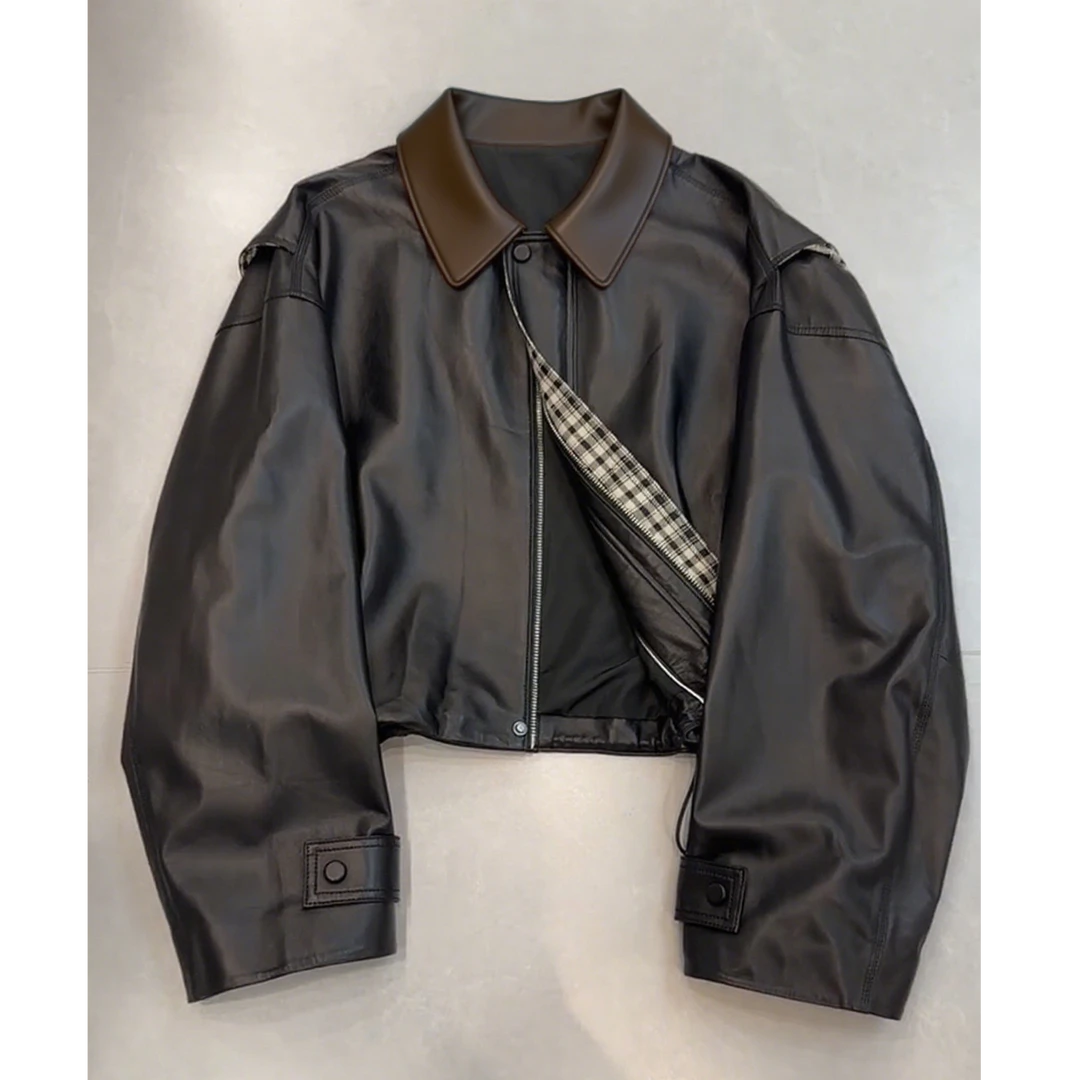 芙沿黑色翻领皮衣外套女2025春秋新款超好看复古百搭休闲宽松夹克