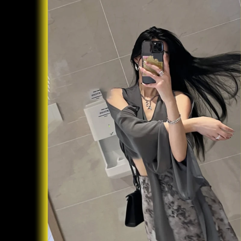 （飘带黑纱）小众独特高级感气质休闲露肩时尚衬衫薄款上衣8601