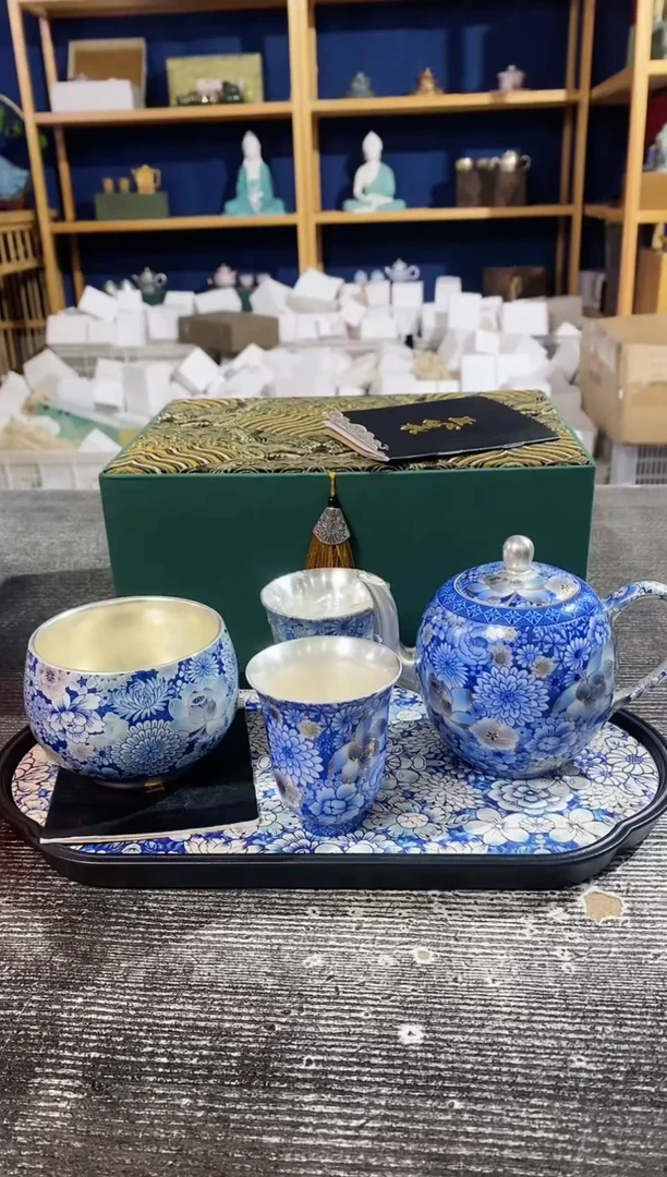 【闪购商品】其他周鸿杰青花万花鎏银龙蛋壶+2杯+万花+盘