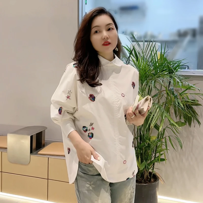 国风白色衬衫女2024秋冬新款刺绣纯棉休闲设计感小众新中式上衣