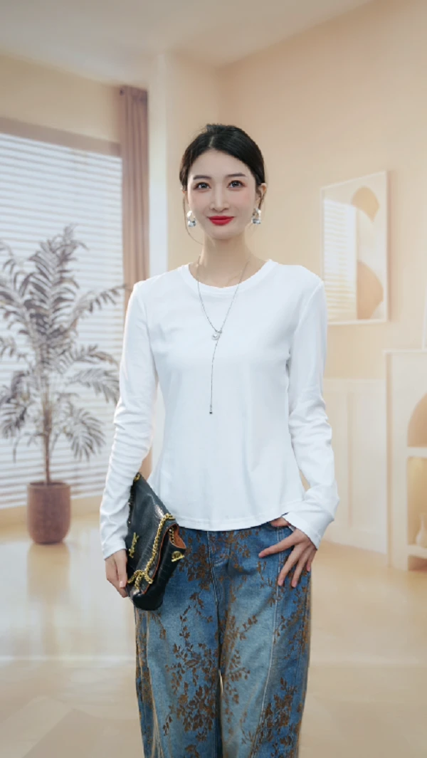 【月下客】100%棉 秋季休闲百搭简约修身显瘦圆领套头白色女士长袖