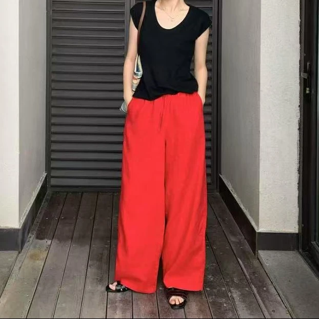老钱风复古港风亚麻阔腿直筒裤