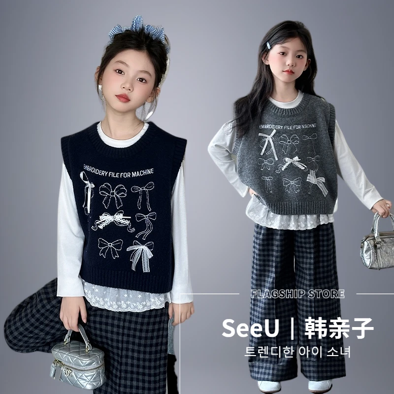 女童秋款毛衣马甲格子套装新款女大童韩花边套头阔腿裤三件套蝴蝶