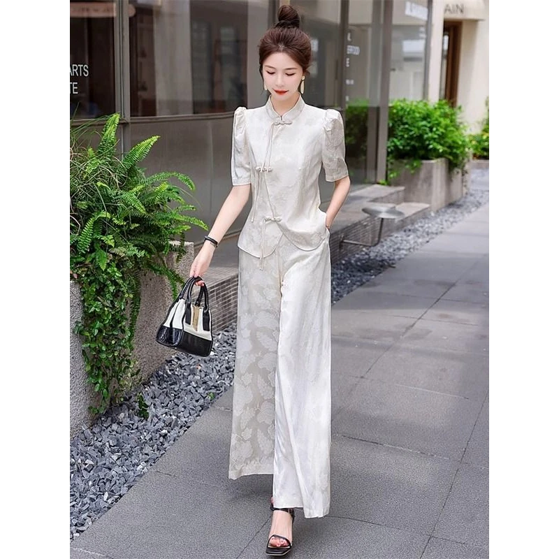 9650+9651新中式国风旗袍上衣夏大码胖mm唐装提花阔腿裤子气质