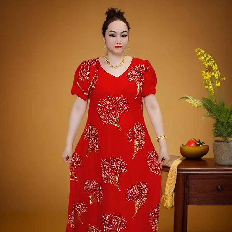 新款大码女装中老年气质妈妈装红色遮肚宽松显瘦【全国包邮】蕾丝