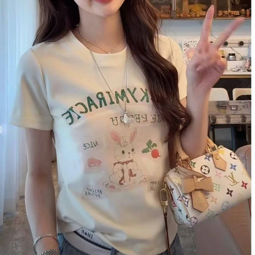 设计感可爱印花兔子短袖T恤女2025夏季新款时尚圆领卡通休闲上衣