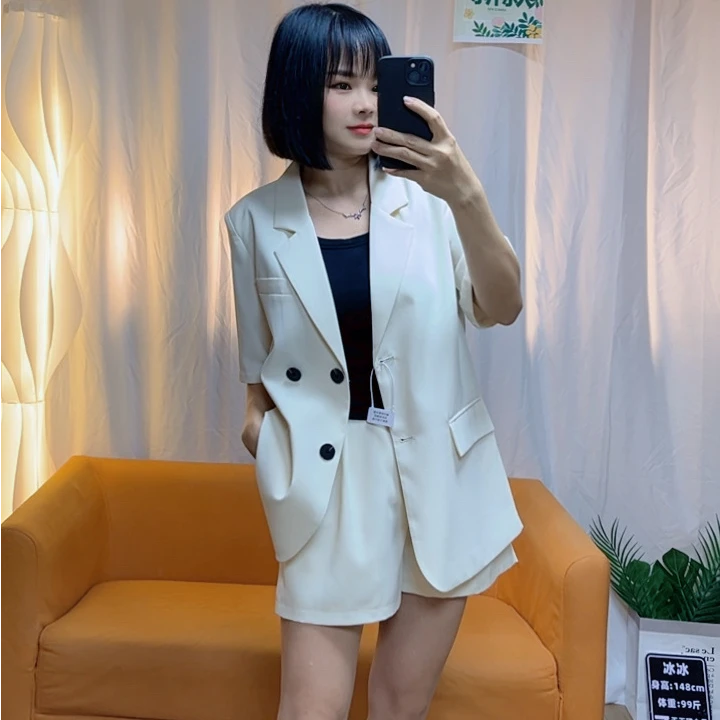 <曼线诗>西服短裤套装小个子夏季休闲时尚短袖洋气T10显瘦气质