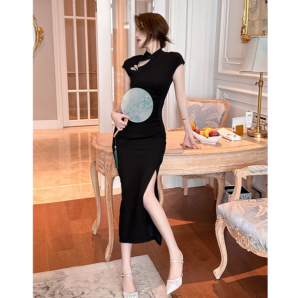 新中式旗袍裙2025新款中国风气质镂空收腰修身开叉连衣裙女30148