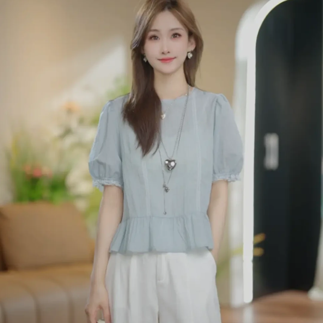 【现货清货】显瘦泡泡袖短袖拼接蕾丝夏季圆领衬衫通勤不起球纯色