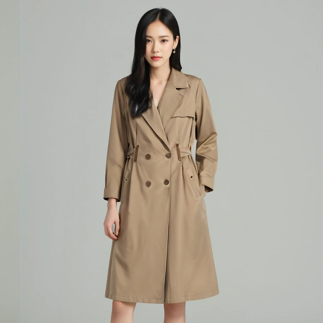 F001中长款女立体装饰极简风拼接风衣时尚秋季百搭显瘦收腰女士