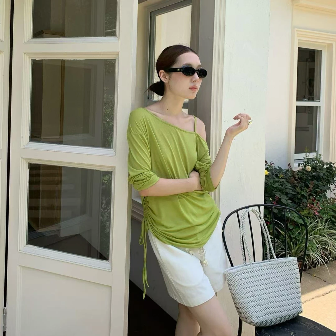 十三行THE MIND-夏季福秒收腰褶皱斜肩T恤#T5037