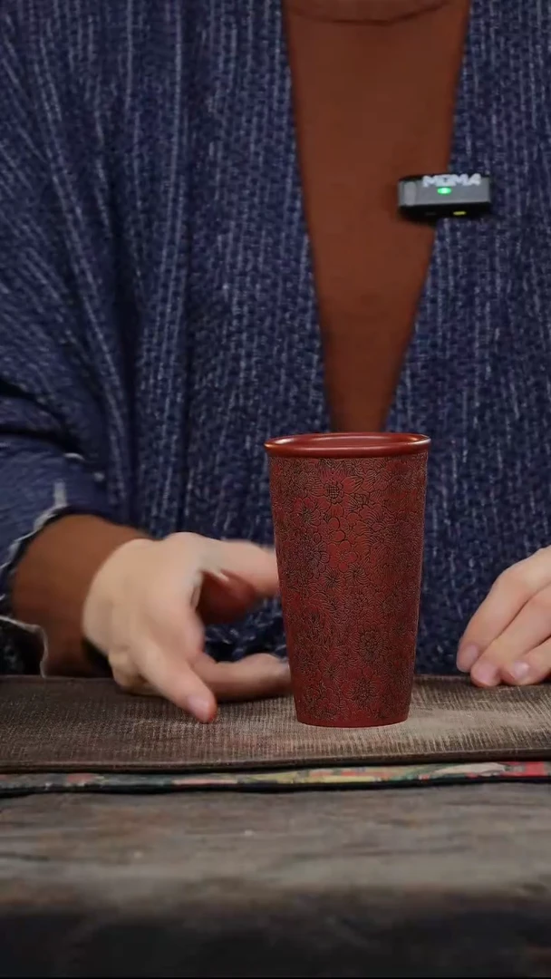 朱泥刻绘繁花紫砂可乐杯