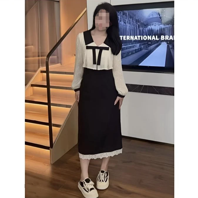 春季新款显瘦长袖连衣裙小香风假两件女装气质拼接娃娃领6082#