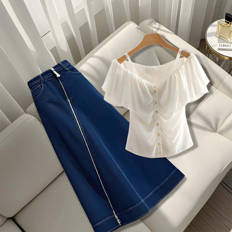 2025夏季爆款法式纯欲风露肩衬衫上衣蓝色牛仔斜拉链半身裙套装女