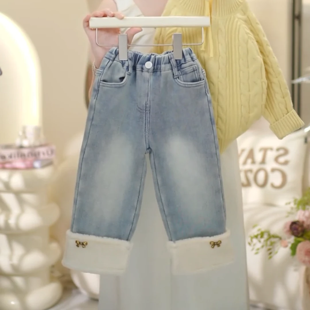 女童2024冬季新款洋气百搭加绒加厚蝴蝶结毛边牛仔裤C22113