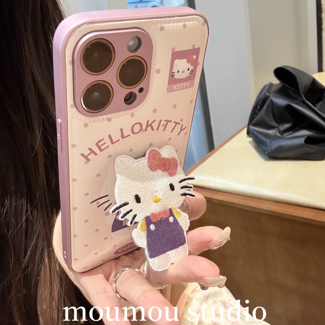 皮纹波点卡通刺绣kt猫适用苹果16手机壳iphone15可爱14promax女13