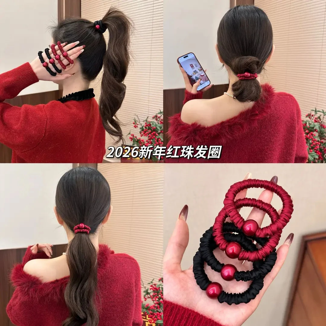 法式复古安可拉红珠珠小肠发圈女高弹力马尾发绳气质百搭皮筋头饰商品图