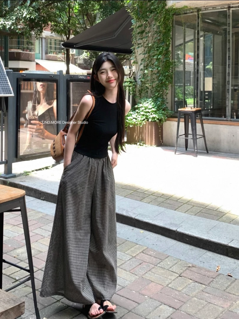 （kc）UND（3790#）简约休闲阔腿格子裤【裤长95】