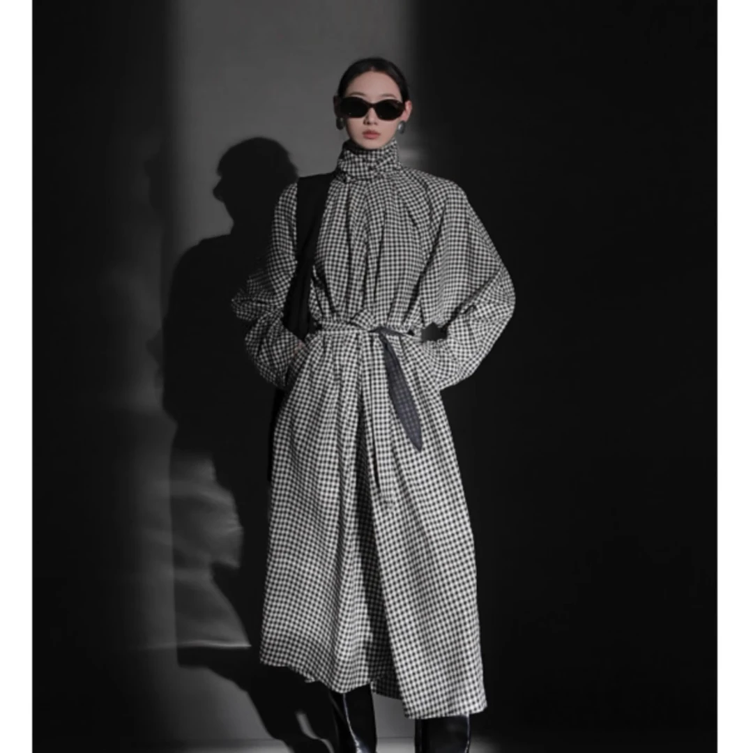 臻一-秋格纹设计新款连衣裙女ins风围巾阔版中长裙子百搭PI24Q283