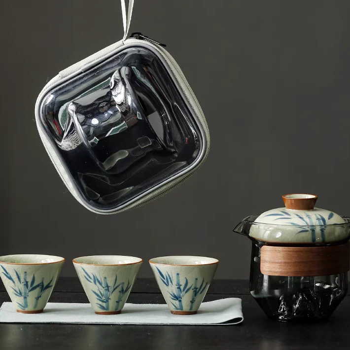 玻璃哥窑手绘竹韵旅行茶具陶瓷便携式旅行茶具套装泡茶壶收纳包