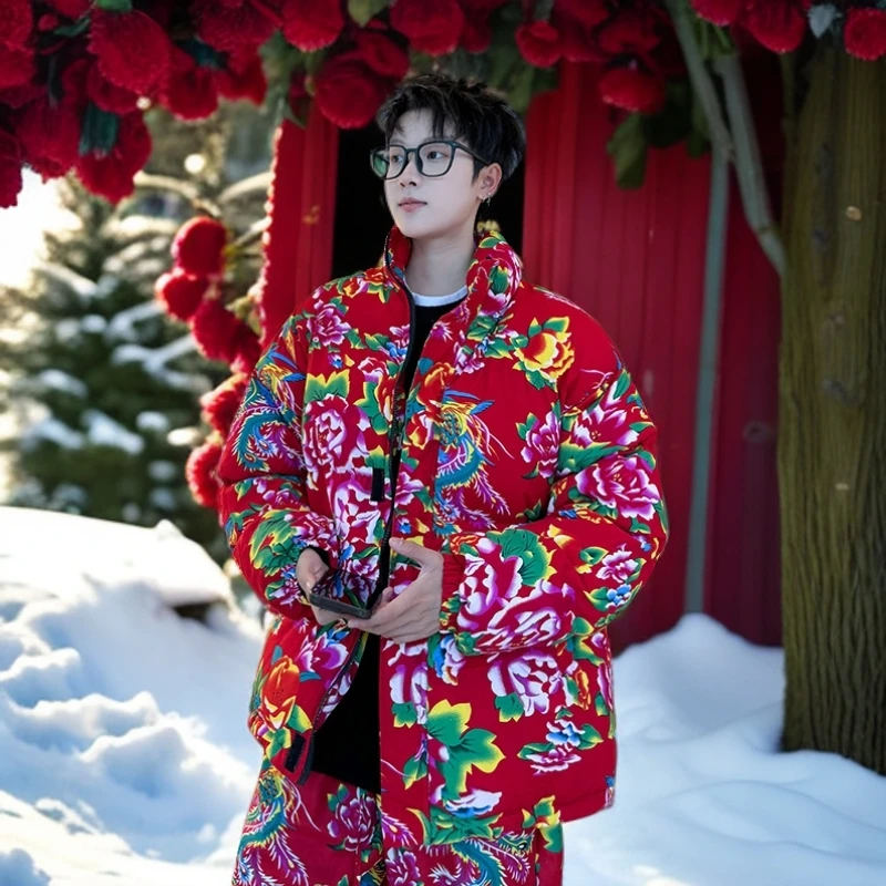 东北红色大花棉袄男冬季国潮民族风加厚棉服情侣2024新款立领棉衣
