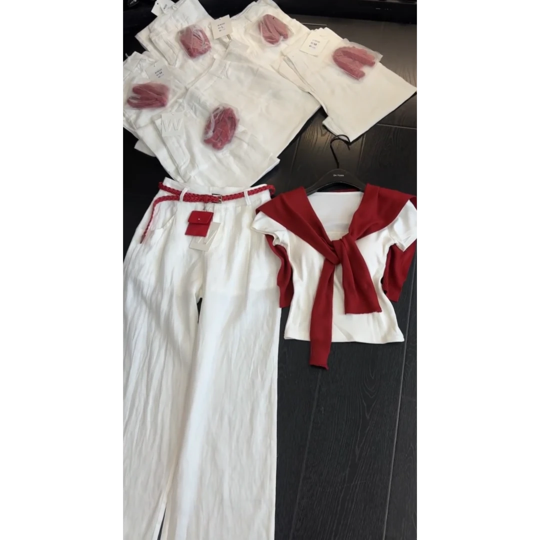 慵懒风女装两件套韩系简约气质白色短袖T恤红色披肩高腰休闲裤女