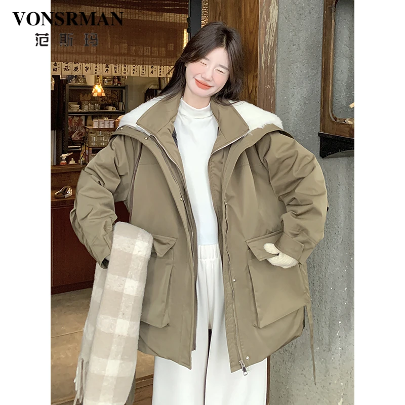 卡其色大翻领羽绒服外套女2025年冬季新款时尚保暖加厚白鸭绒外套