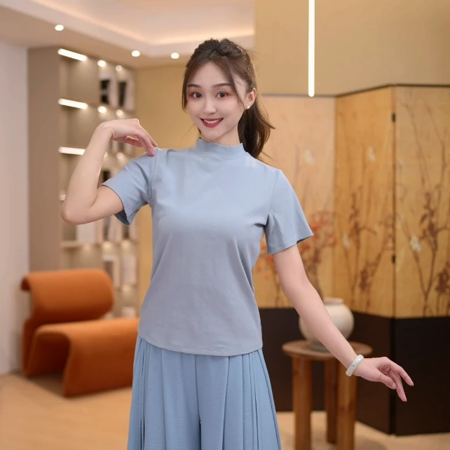 3594 D2025新款圆领夏季现代舞服纯色日常练功短袖气质专业上衣