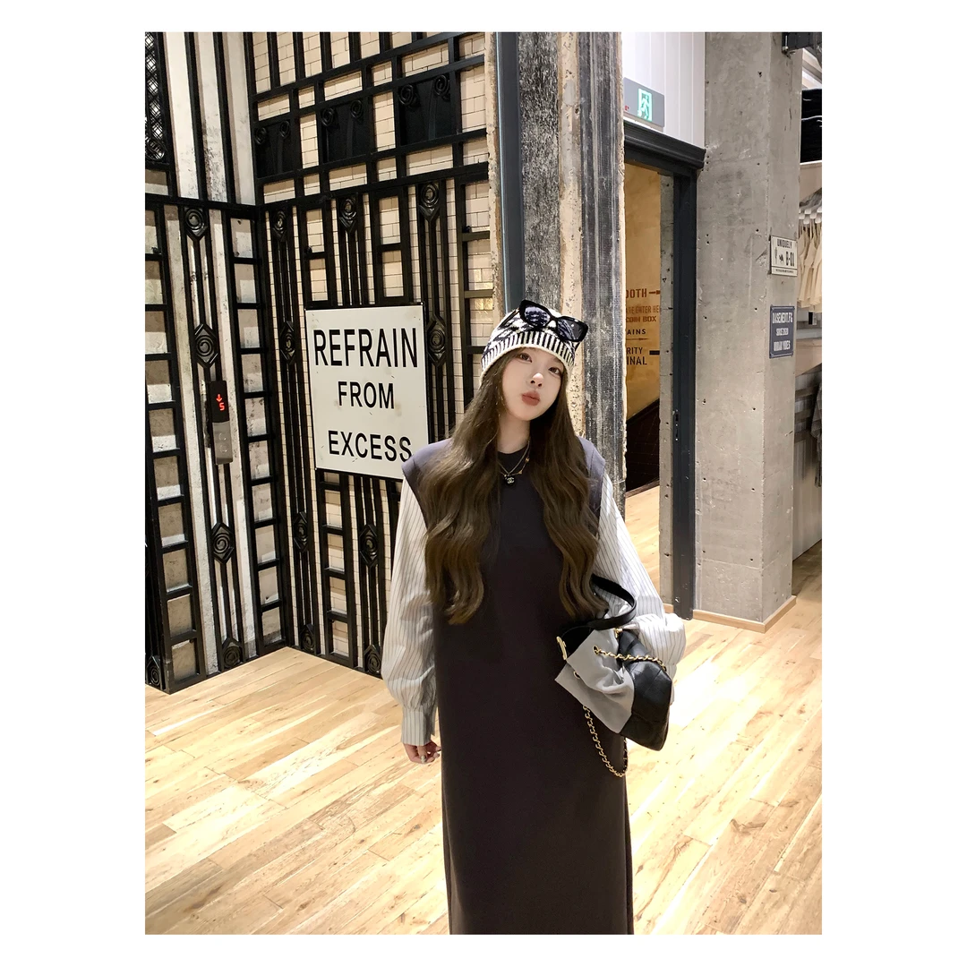 秋季流行风格假两件灰色连衣裙长裙女2025新款绝美巨好看的小裙子