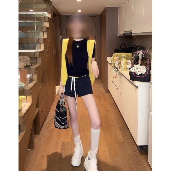 夏季时尚气质修身显瘦百搭短袖上衣配披肩腰头拼接短裤三件套女