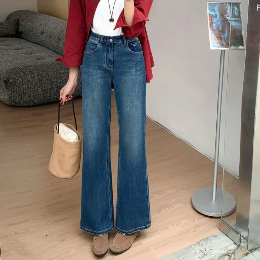 F95199菲西子糯米牛仔裤女秋冬季时尚中腰弹力百搭休闲显瘦喇叭裤