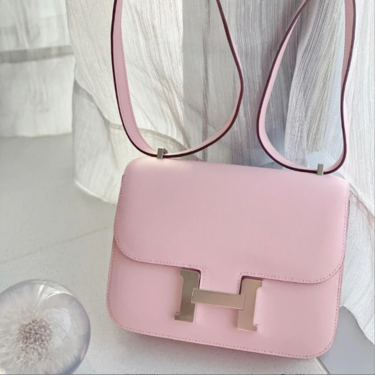 99新 Hermes/爱马仕 康康19樱花粉银扣s皮w单肩包