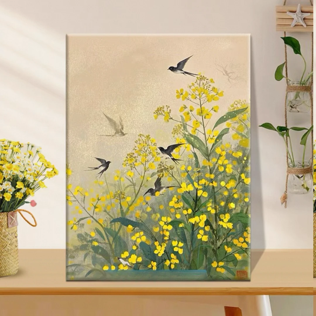 油菜花与燕子|数字油画diy真心遮盖六代颜料填色涂色礼物油彩装饰