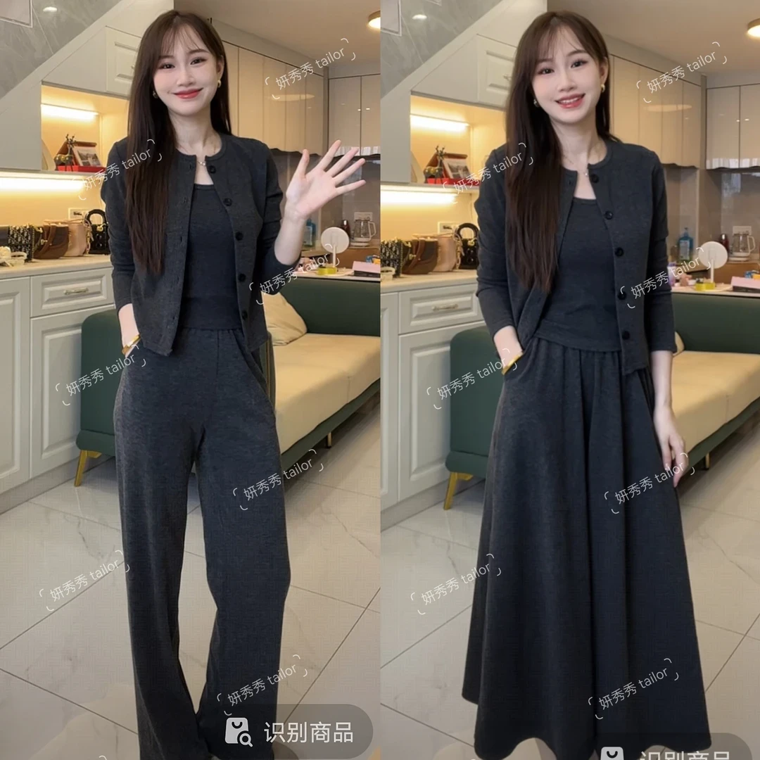 爆款三件套裙子女夏季套装穿搭裙女高级感针织开衫吊带半裙连衣裙