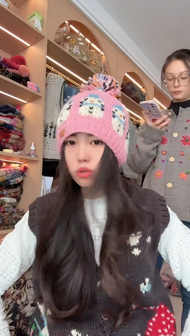 羊毛美利奴粉色雪人帽