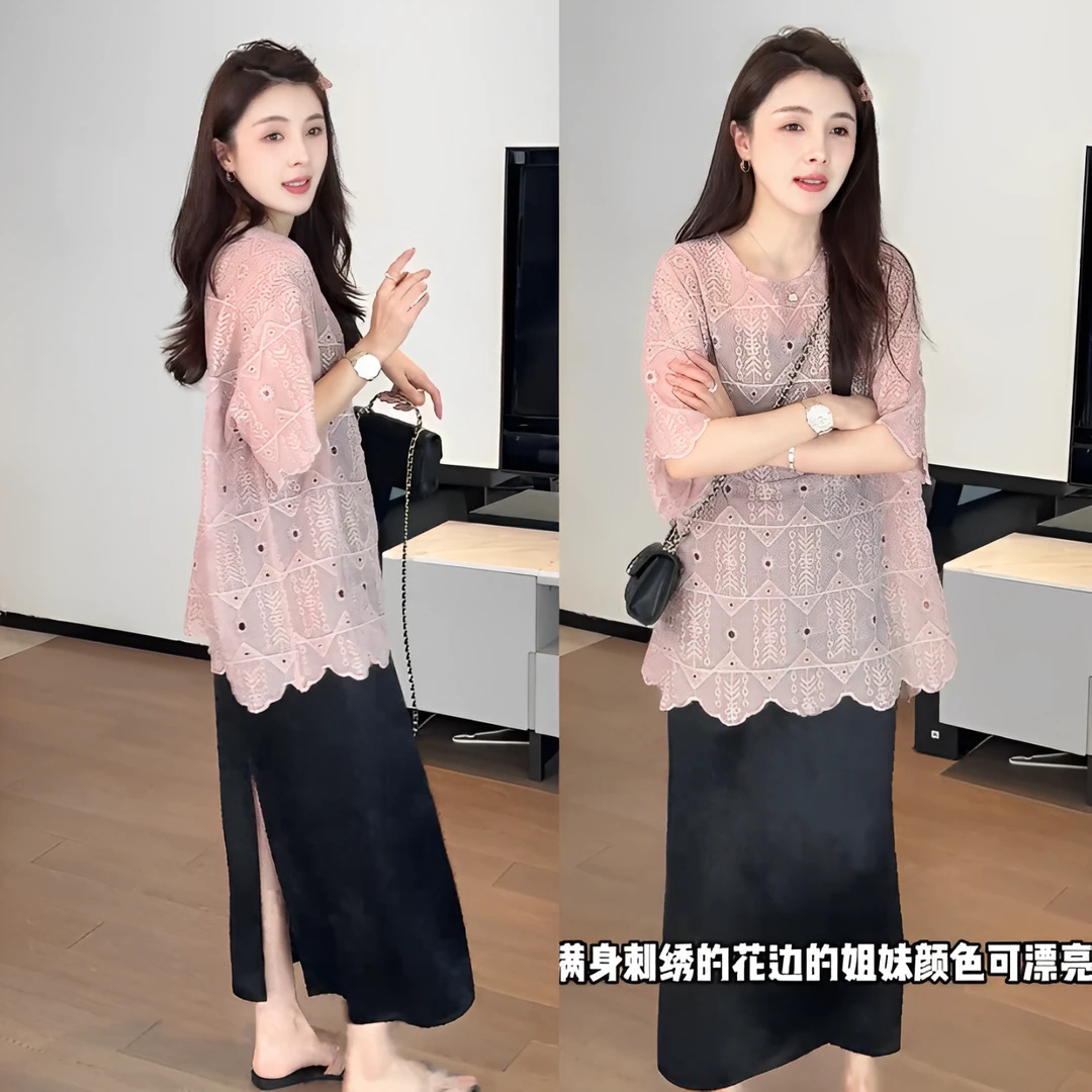 宝藏甜美衬衫微胖镂空刺绣圆领薄款衬衫夏季松弛感垂感开叉半身裙