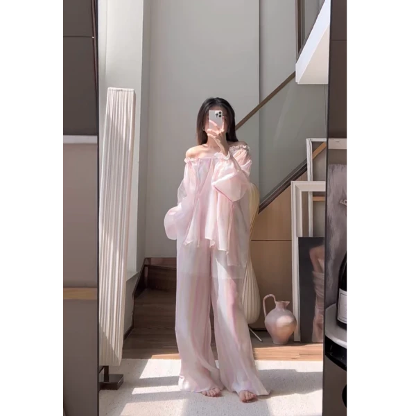 辣妹气质设计感小众宽松一字肩衬衫上衣女夏季2025新款显瘦休闲裤