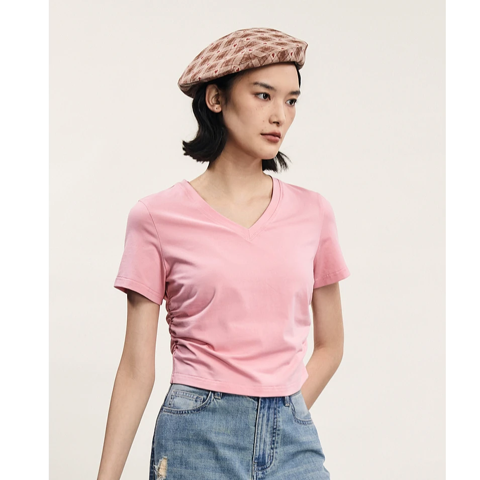 谜底短款T恤短袖女夏季新品简约百搭V领修身上衣242MT0534