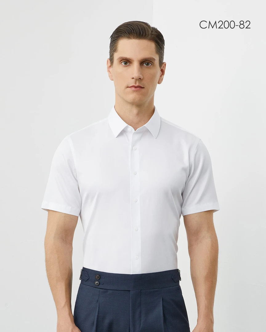 200支全棉免熨烫衬衫夏季衬衣男式职业简约翻领白色春夏