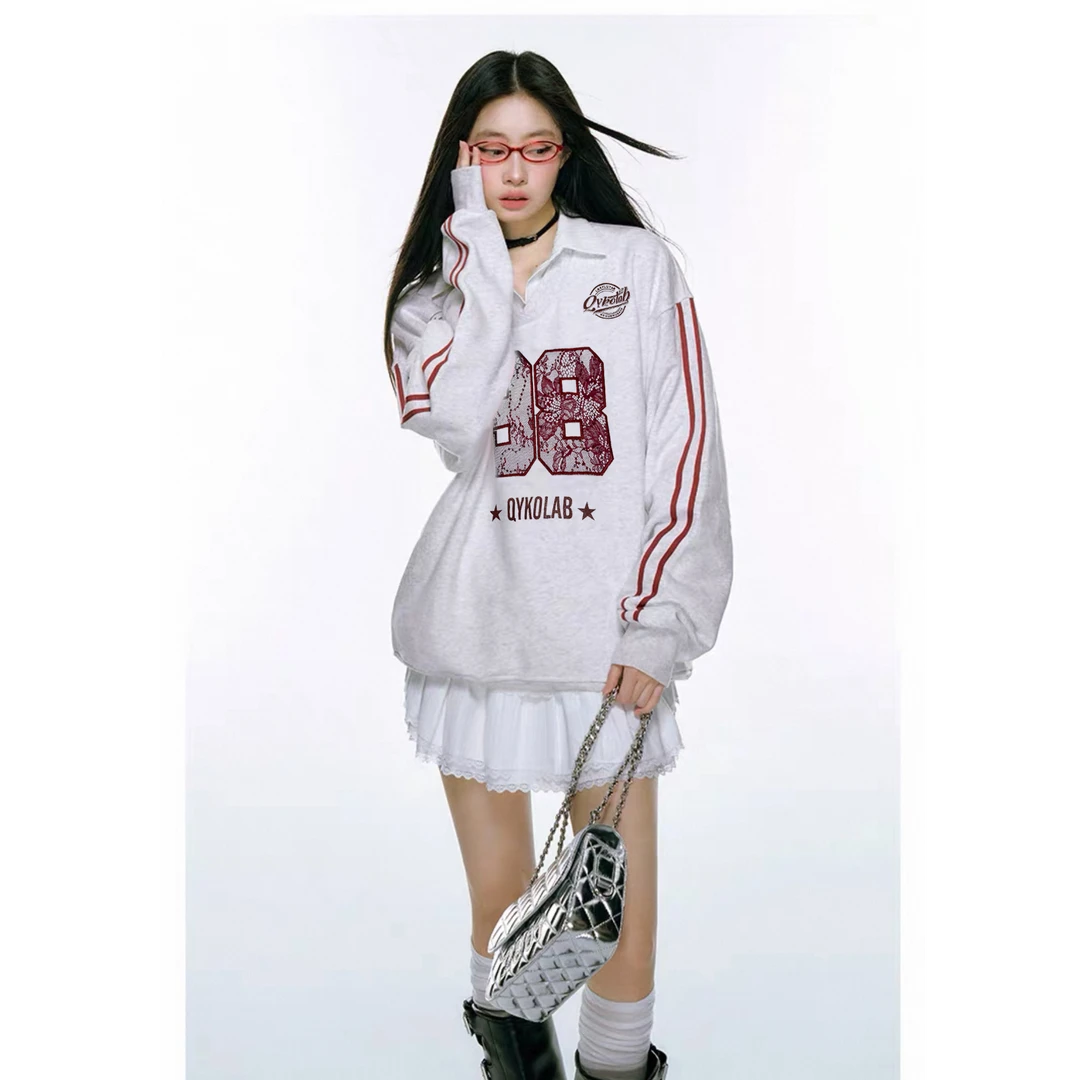 莓U烦恼o/设计美式复古休闲少女慵懒风宽松休闲V领卫衣